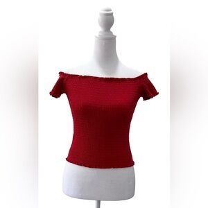 NWT Hollister off-the-shoulder smocked crop top in a vibrant red. Women size M